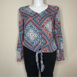 Altar'd State Blue/Multicolor Print Bohemian Blouse w/Bell Sleeves and Tie Front